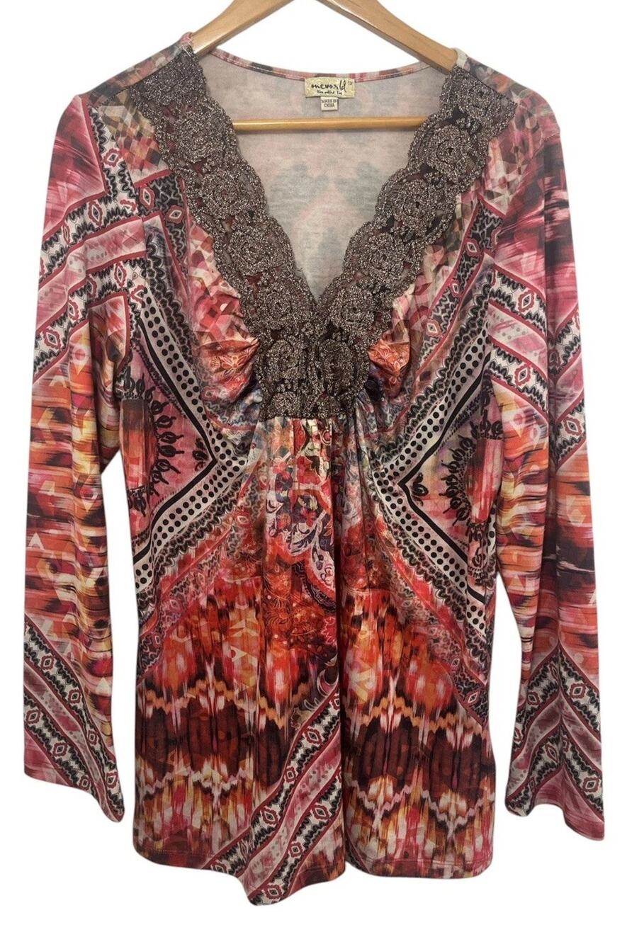 One World Tunic Top Long Sleeve V Neck 1X Multicolor Aztec Embellished Y2K